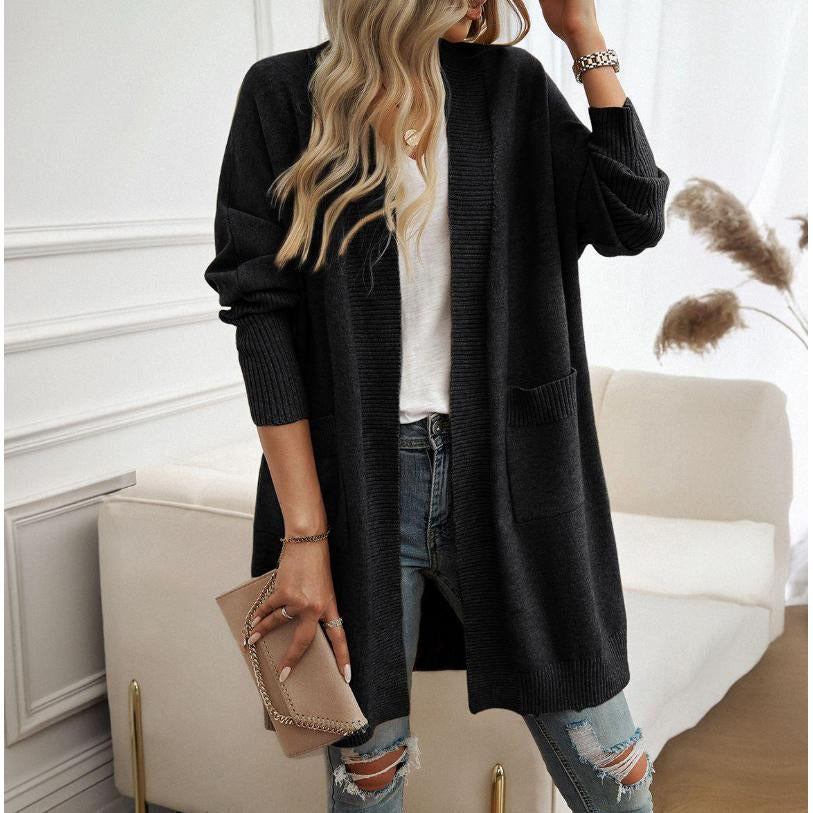 Women Long Open Front Knit Cardigan, Oversized Batwing Sleeve Sweater Coat with Pockets, Casual Loose Mid-Length Outerwear for Fall Winter