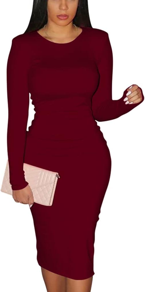 Women's Sexy Bodycon Long Sleeve Round Neck Work Office Midi Pencil Dress