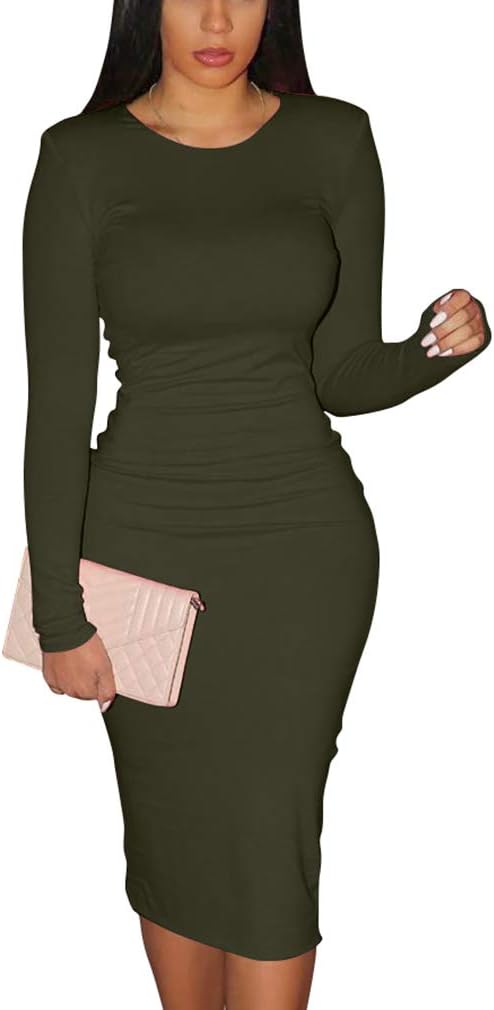 Women's Sexy Bodycon Long Sleeve Round Neck Work Office Midi Pencil Dress