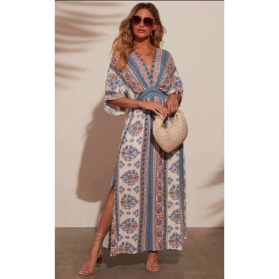 Women's Ethnic Print Bohemian Casual V-Neck Maxi Dress - Short Batwing Sleeves, Elastic Waist, Side Split, Flowy, Chic, Comfortable for Vacation, Beach