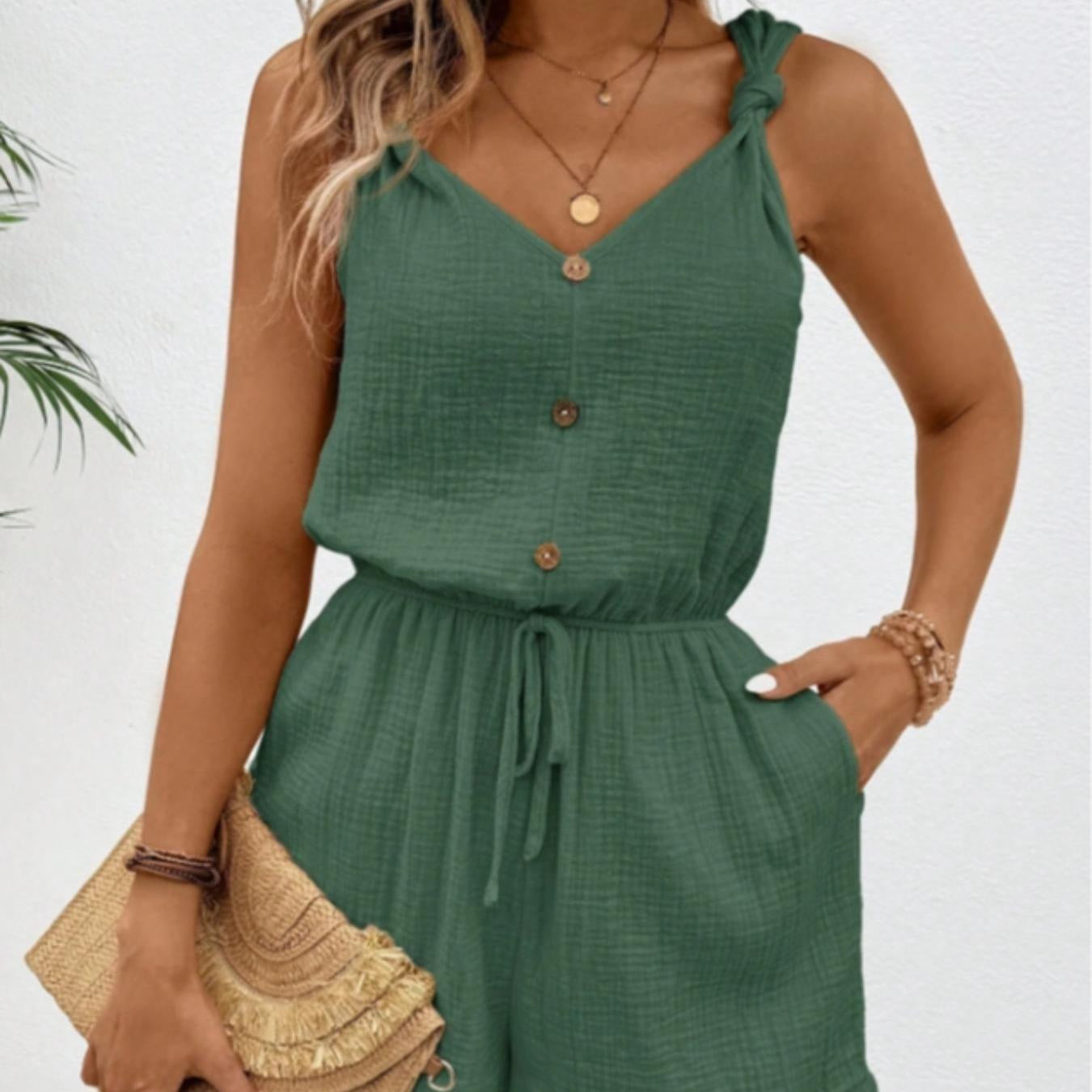 Women's Sleeveless Fitted Crinkle Breathable Romper - Adjustable Elastic Waist, Knot Spaghetti Straps, V-Neck, Drawstring, Button, Pockets, Beach Summer Casual Outdoor Shorts Jumpsuit
