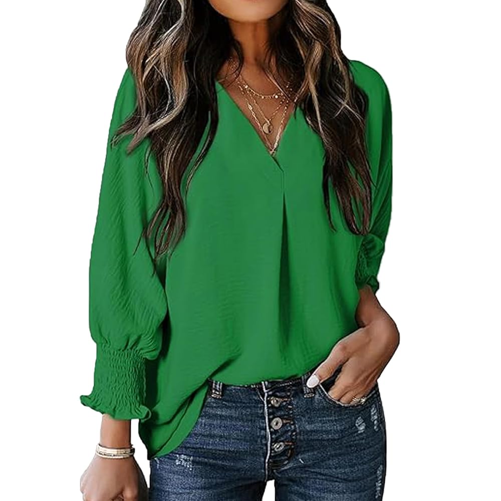 Women V Neck Collared Tunic Blouse, Oversized Loose 3/4 Lantern Smocked Sleeve Textured Casual Longline Shirt