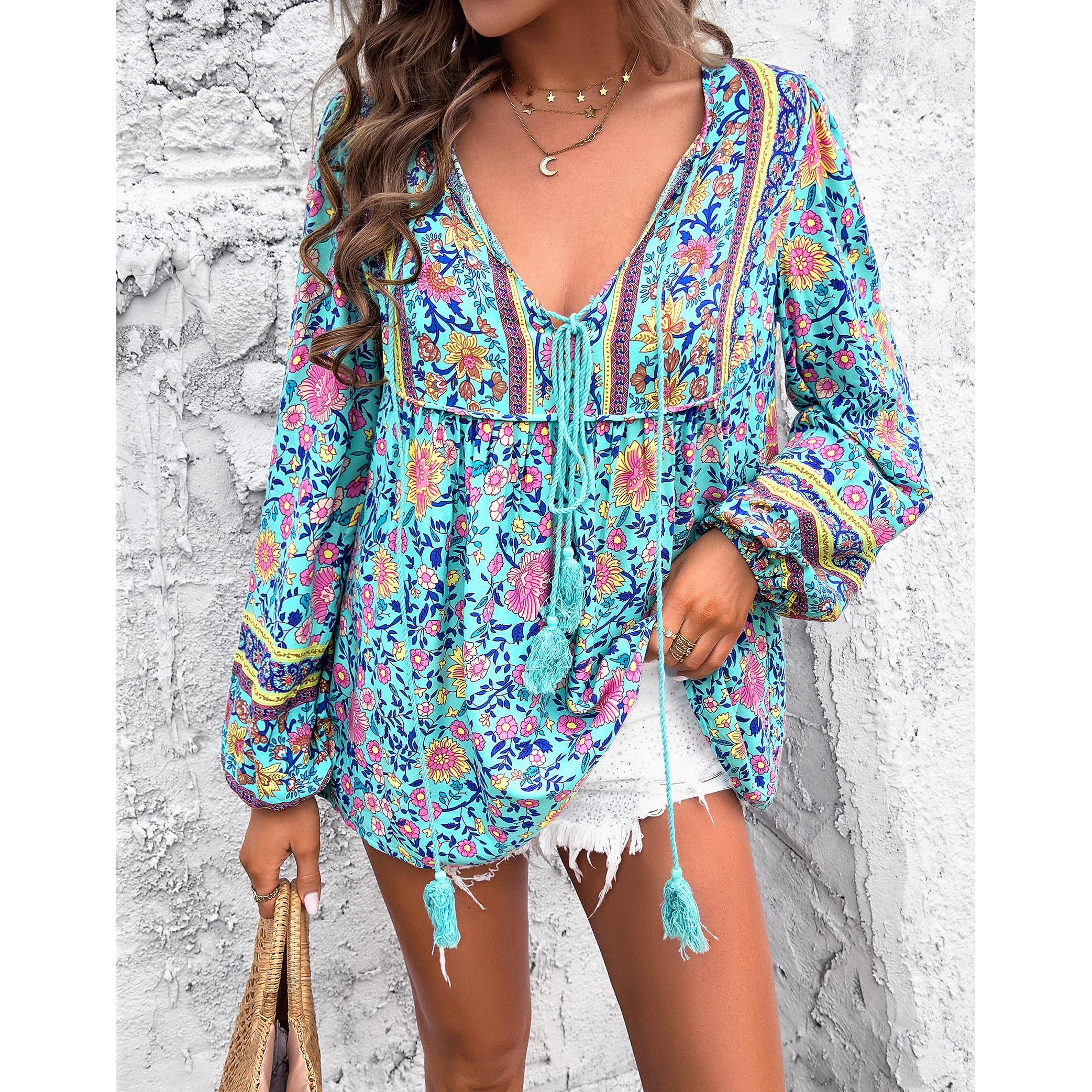 Women's Chic Bohemian Floral Print Blouse - Elegant V-Neck Drawstring Tassel Tie, Long Lantern Sleeves, Loose Comfortable Ethnic Shirts for Summer Beach Vacation Style