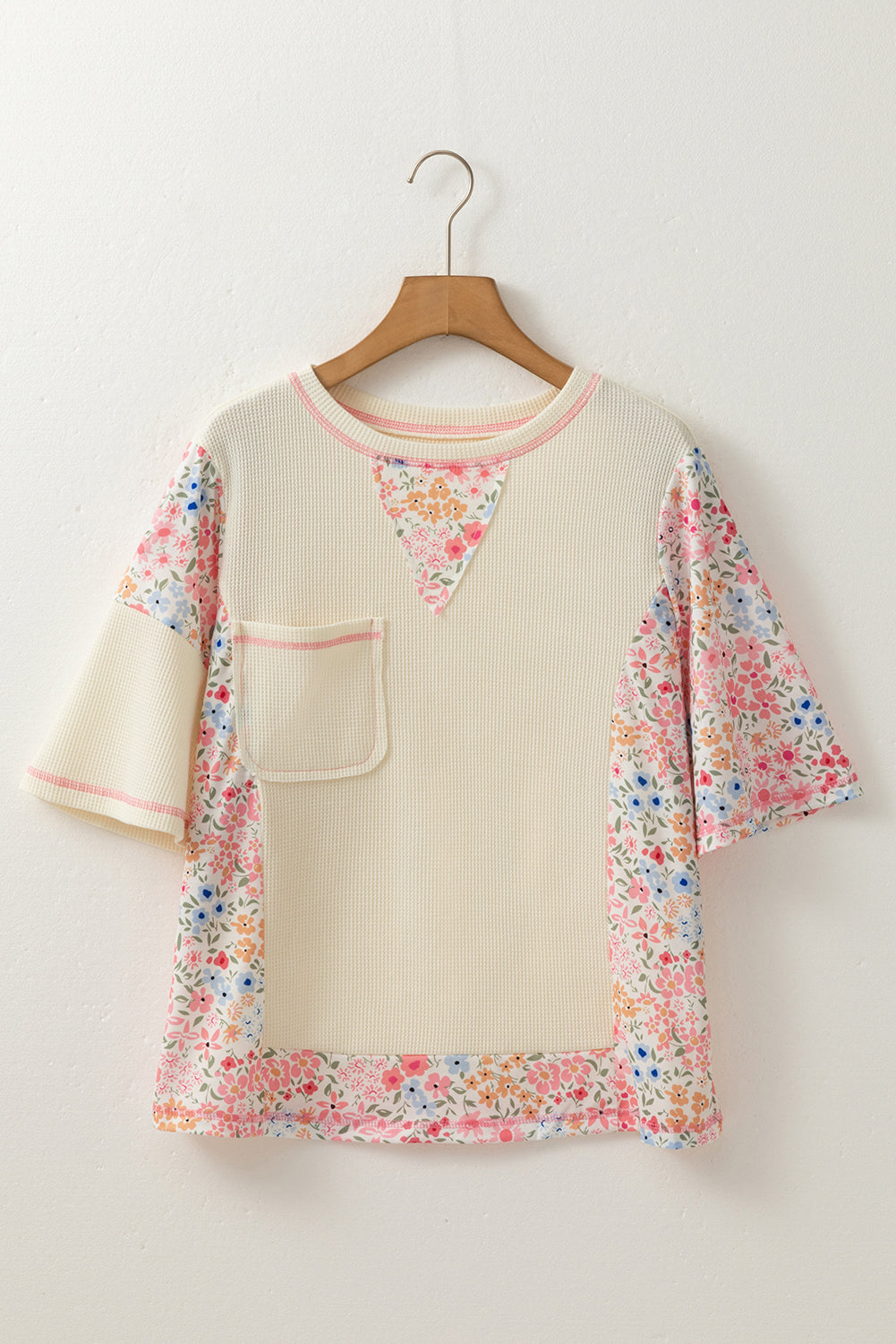 Beige Floral Patchwork Chest Pocket Wide Sleeve Waffle T Shirt