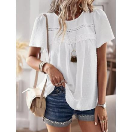 Women Swiss Dot Lace Tunic Top, Round Neck Puff Short Sleeve Loose Flowy Boho Blouse Casual Summer Shirt