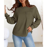 Women's Simple Soft Woven Geometric Jacquard Fabric Crew Neck Sweatshirt - Loose Drop Shoulder Long Sleeve Pullover with Ribbed Details, Casual Fall Basic Top