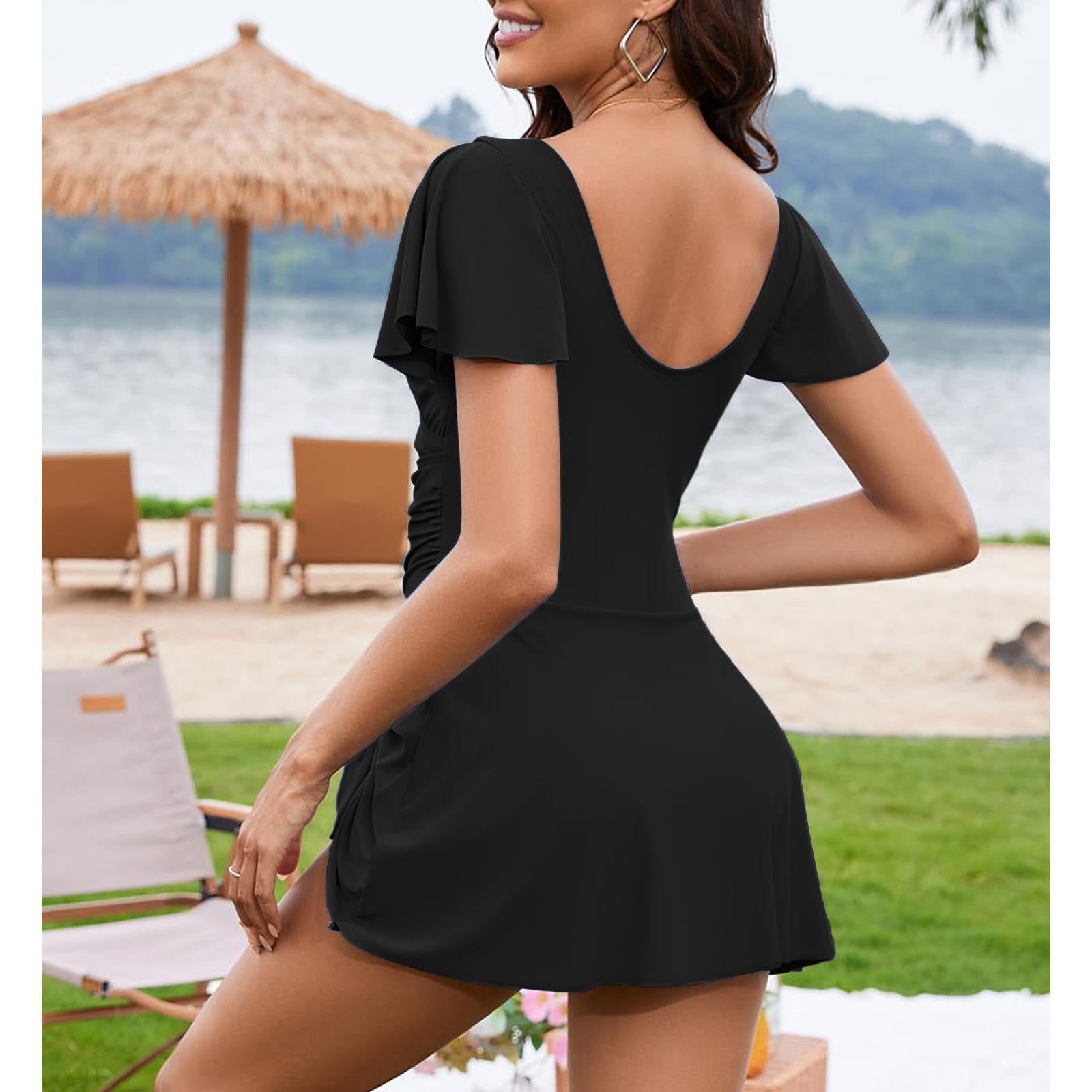 Women's V-Neck Flounce Short-Sleeve Tummy-Control Ruched-Waist Modest 1-Piece Swim Dress, Swimsuit for Women, Ideal for Beach & Pool