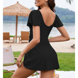 Women's V-Neck Flounce Short-Sleeve Tummy-Control Ruched-Waist Modest 1-Piece Swim Dress, Swimsuit for Women, Ideal for Beach & Pool