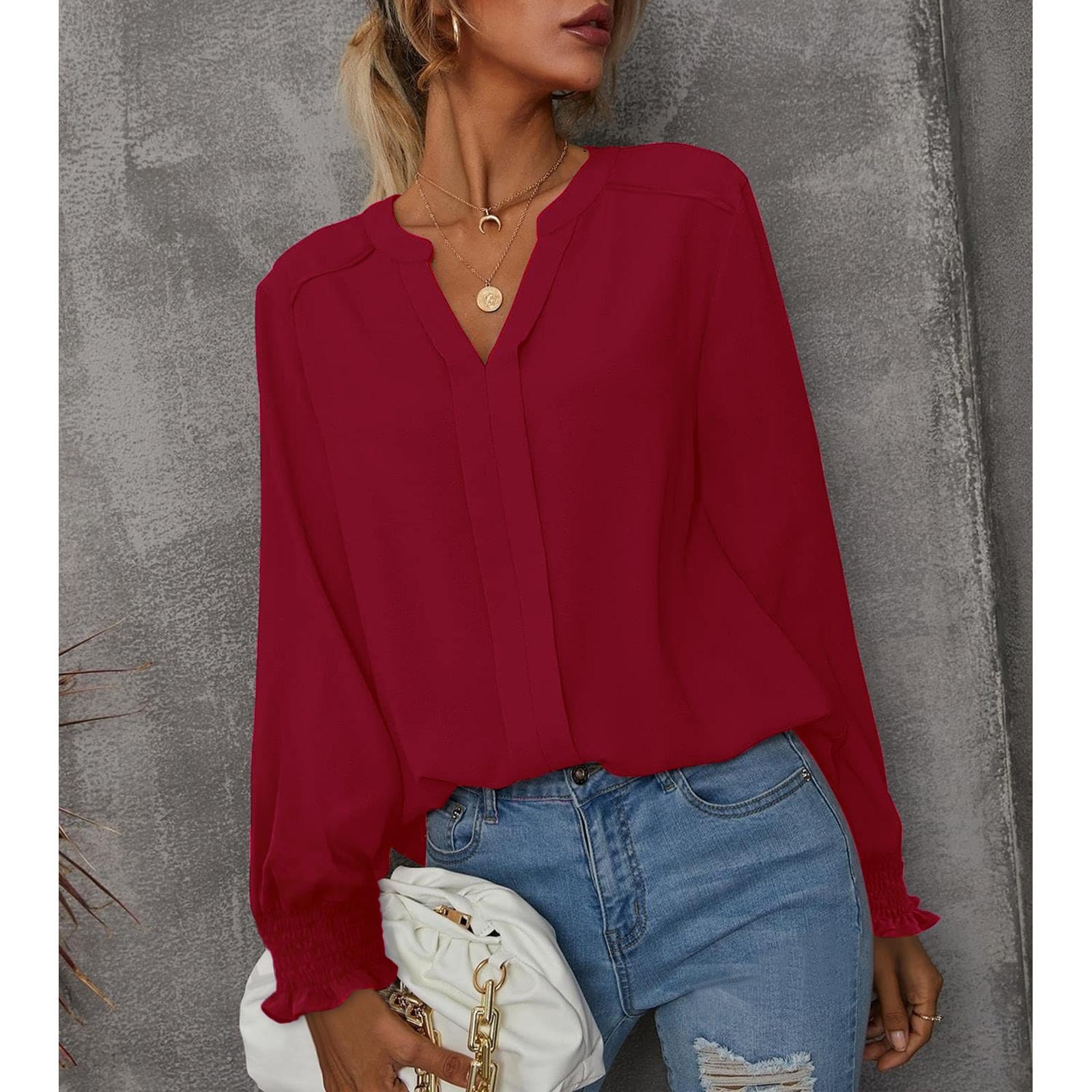 Women's V Neck Chiffon Blouse, Long Sleeve Smocked Cuff Flowy Casual Work Top, Loose Fit Dressy Shirts for Women