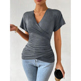Women Surplice Wrap V Neck Short Sleeve Top, Ruched Waist Slim Fit Casual Solid Color Tee, Summer Elegant T Shirt Blouse for Daily Outing