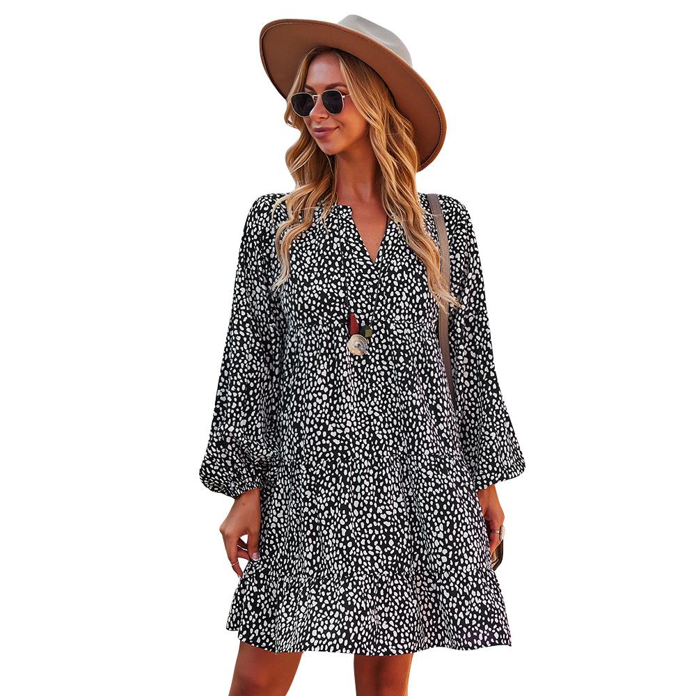 Women's Soft Lightweight Feminine Elastic Bohemian Leopard Speckled Print Long Lantern Sleeve V-Neck Tiered Ruffle Mini Dress - Comfortable Fit, Hip-Loose Flowy Tunic, Casual Wear for Day, Vacation