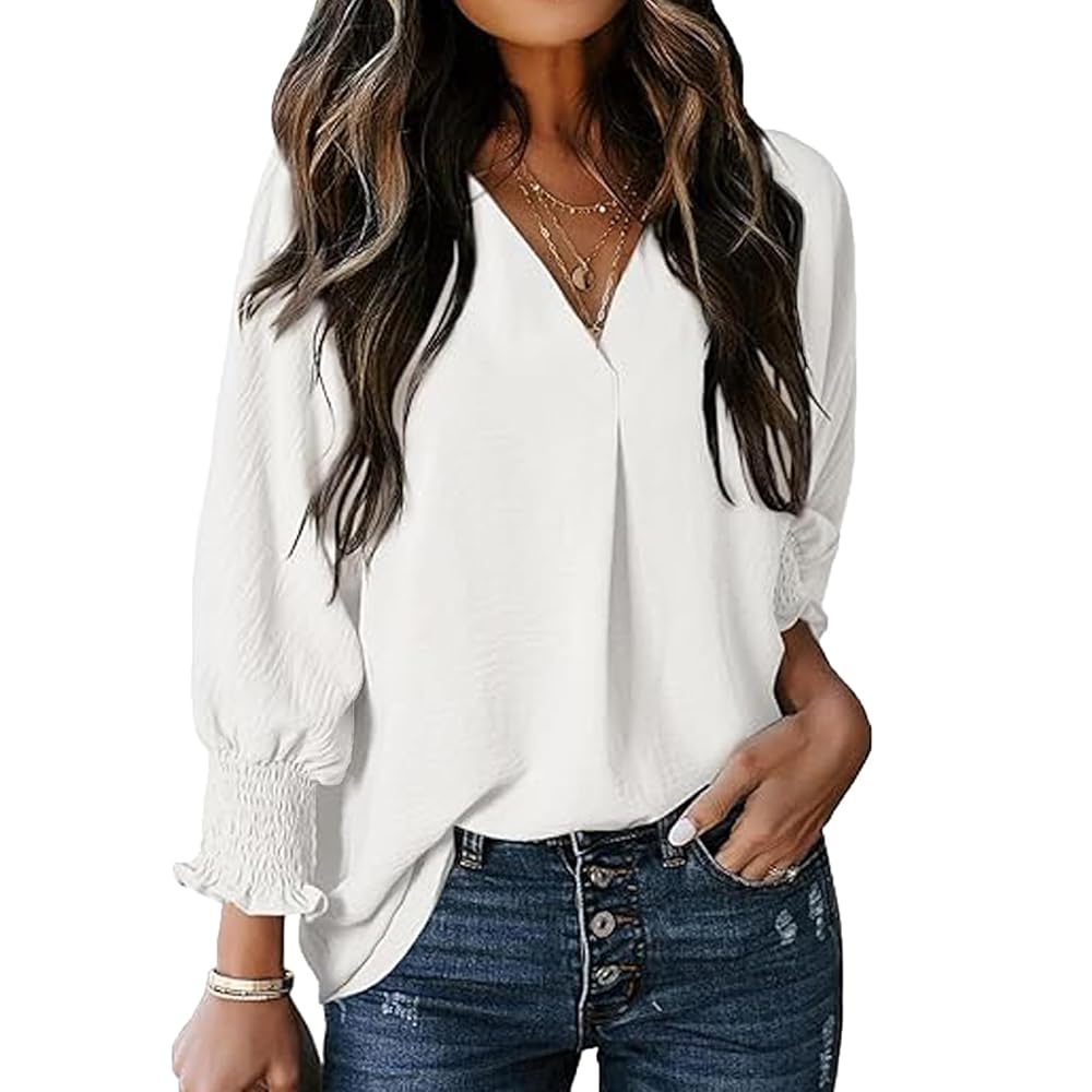 Women V Neck Collared Tunic Blouse, Oversized Loose 3/4 Lantern Smocked Sleeve Textured Casual Longline Shirt