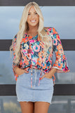 Black Floral 3/4 Flare Sleeve Tied V Neck Blouse