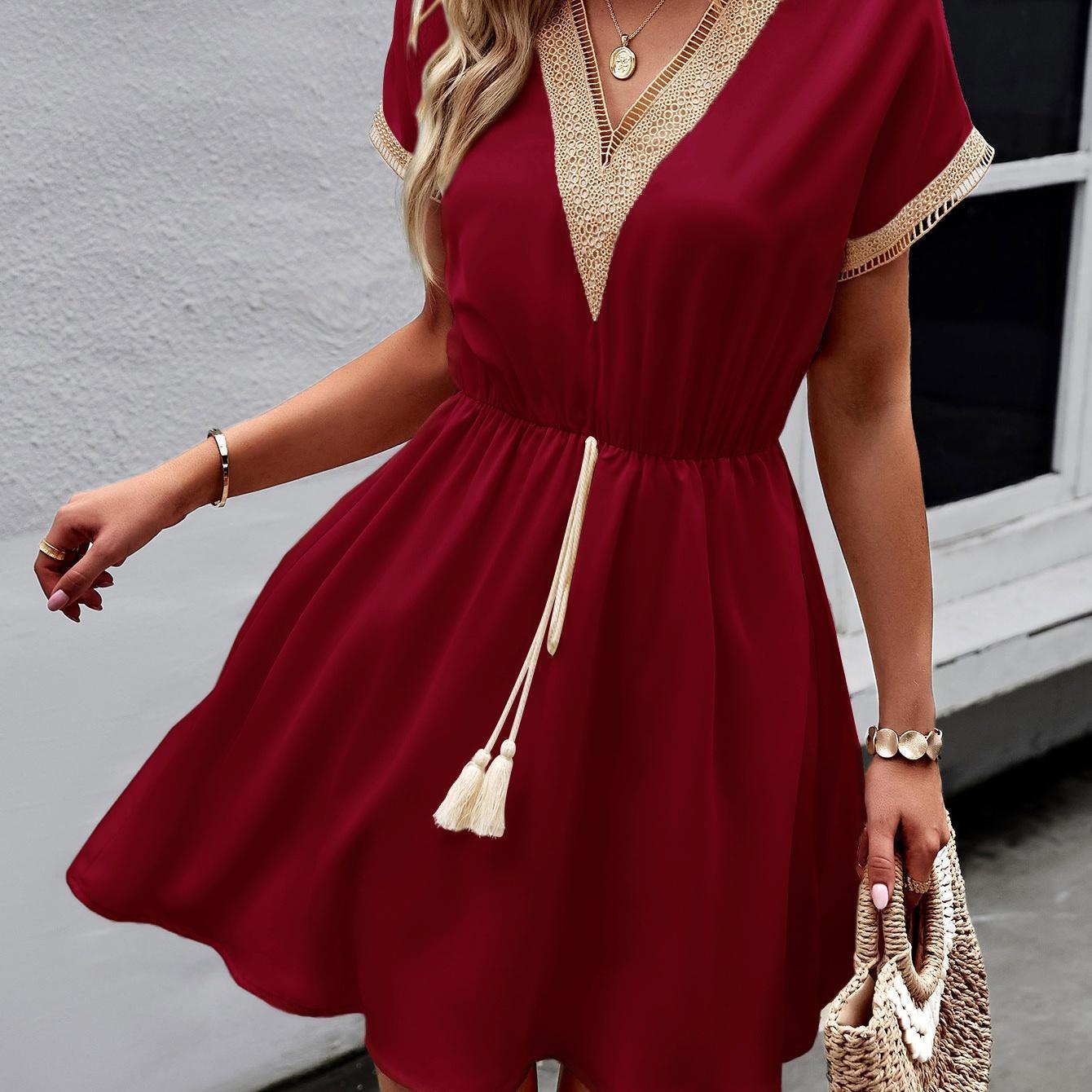 Women's Bohemian Casual Dress - Short Sleeve, Hollow Lace Trim, Tassel Drawstring Waist, Flowy, Elastic, Lightweight, Breathable, Casual Wear, Boho Style Outfit for Beach