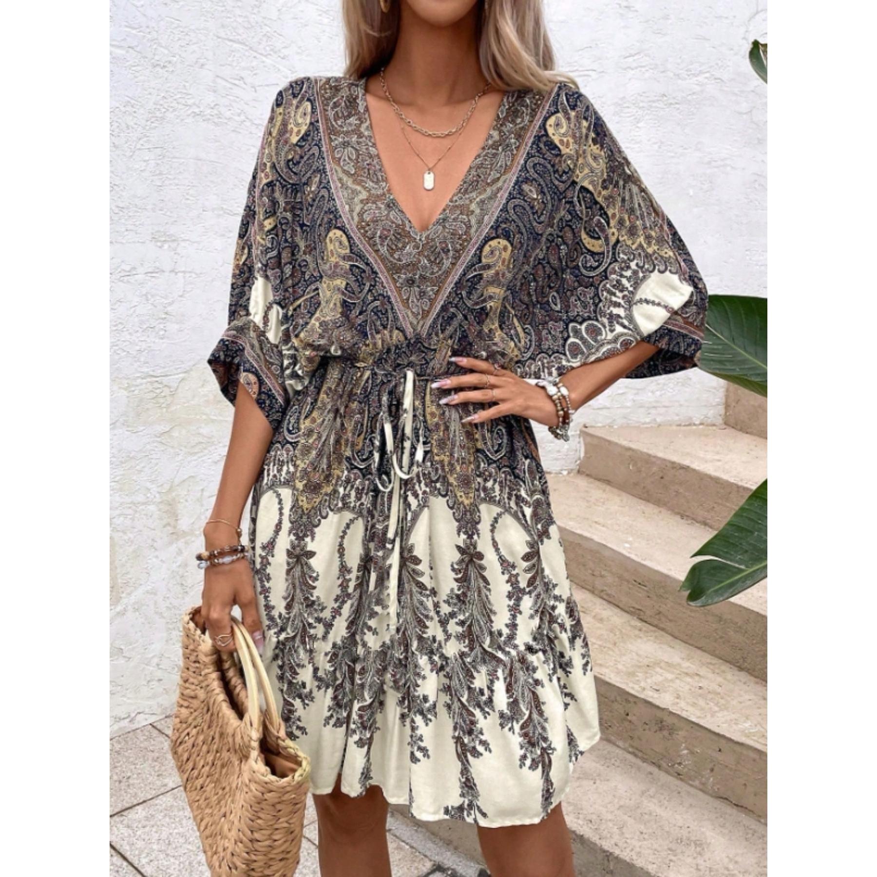 Women's Vintage Loose Boho Casual Paisley Print Mini Dress - Deep V-Neck, Batwing Sleeves, Drawstring Waist, Tiered Ruffled Hem, Gradient Fabric Summer Beach Vacation Dress