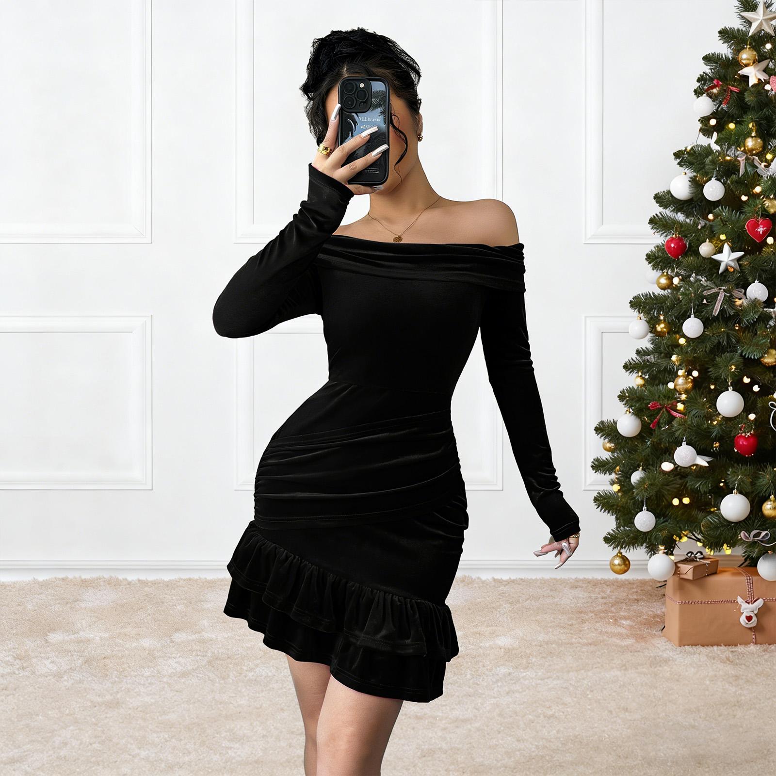 Women’s Burgundy Velvet Off-Shoulder Long-Sleeve Ruffle Hem Mini Formal Party Dress - For Christmas, New Year’s Eve