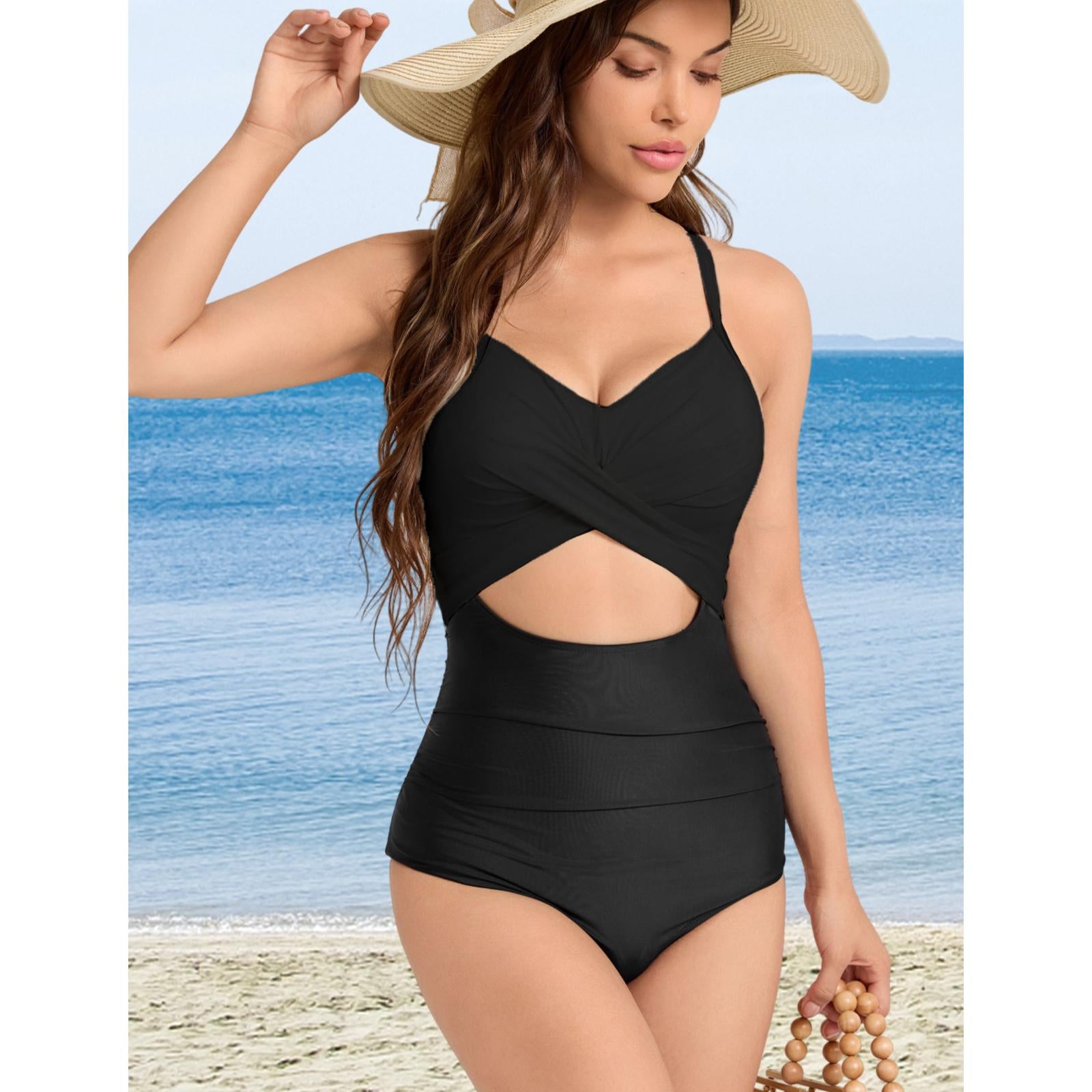 Women's Solid Color Hollow-Out Cut-Out Stretchable Synthetics Sleeveless Elastane 1-Piece Swimsuit - Quick Dry, Breathable, Fitted Streamlined Cut Beachwear Swimdress, Hand Wash Only for Beach Vacations