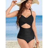 Women's Solid Color Hollow-Out Cut-Out Stretchable Synthetics Sleeveless Elastane 1-Piece Swimsuit - Quick Dry, Breathable, Fitted Streamlined Cut Beachwear Swimdress, Hand Wash Only for Beach Vacations