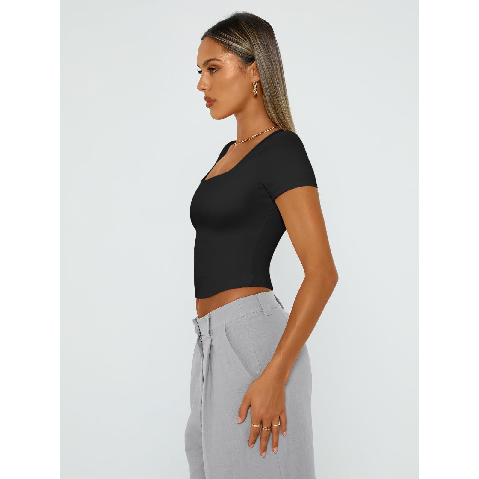 Women's Square Neck Short Sleeve Crop Top, Slim Fit Basic Solid Color T-Shirt