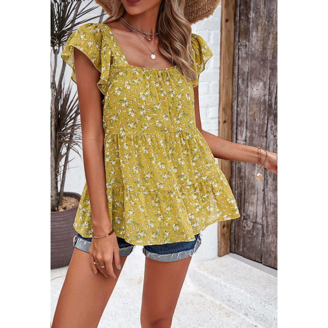 Women Ditsy Floral Square Neck Blouse Ruffle Cap Sleeve Tiered Flowy Babydoll Top Casual Summer Vacation Chiffon Shirt