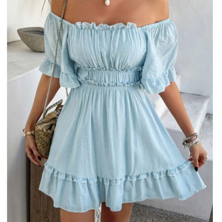TCIFE Women's Sexy Fitted Square Neck Flutter Short Sleeve Smocked Waist A-Line Boho Tiered Cocktail Mini Dress - Breathable Fabric, Backless Open, Casual 1-Piece Vacation Party Black Clothing