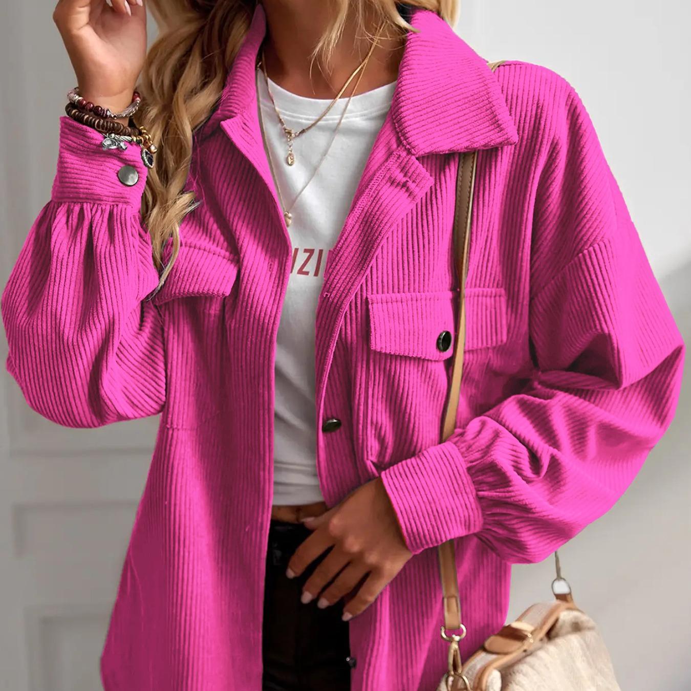 Women's Basic Plain Long Corduroy Shirt Jacket Coats - Collared Neck, Button-Down, Elegant Cuff Sleeves, Comfortable Loose Fit, Tops for Women, Office & Casual Commuter Outerwear with Elegance & Style