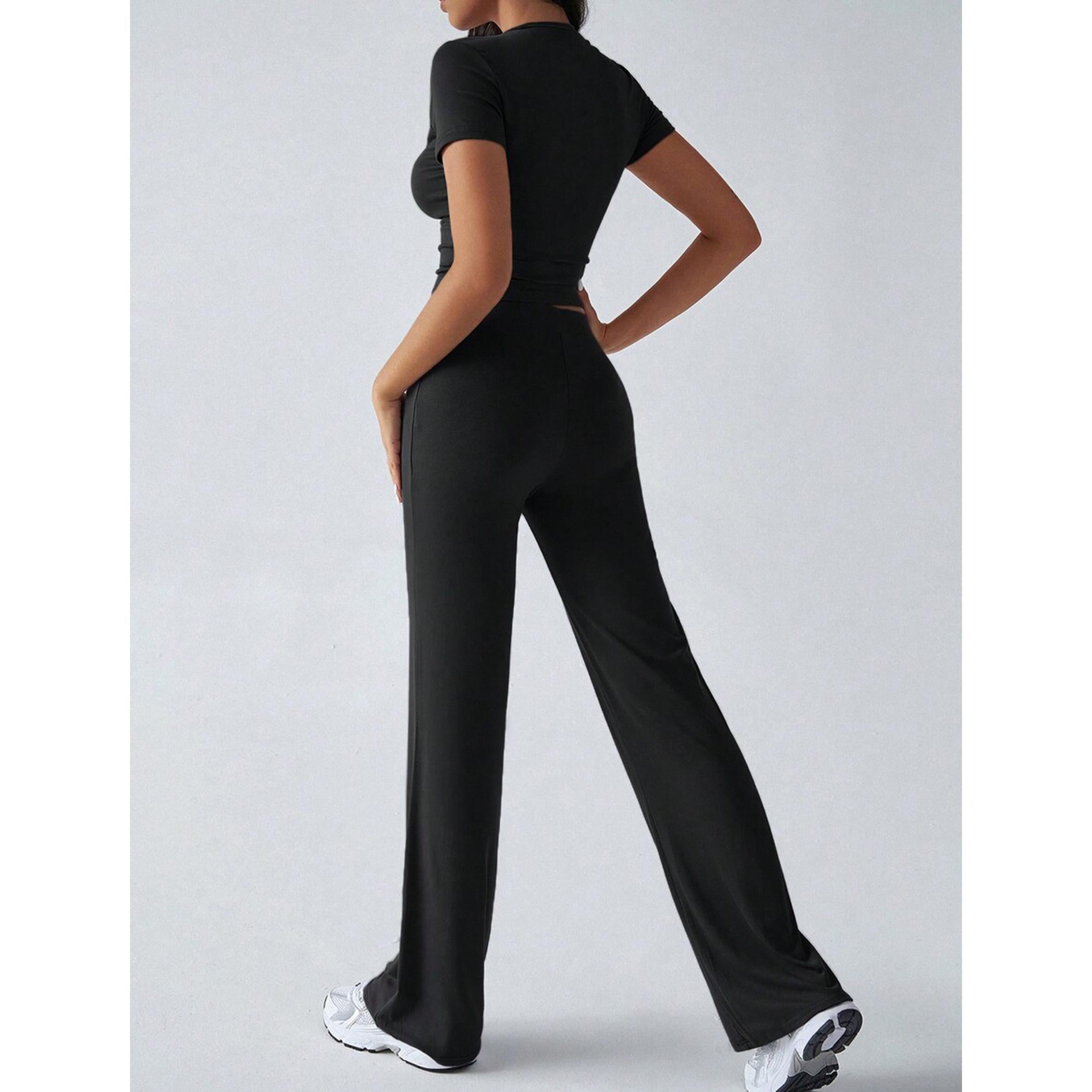 Women's 2-Piece Casual Tracksuit, Short Sleeve Crop Top & High Waist Flare Pants, 2 Piece Sets Women