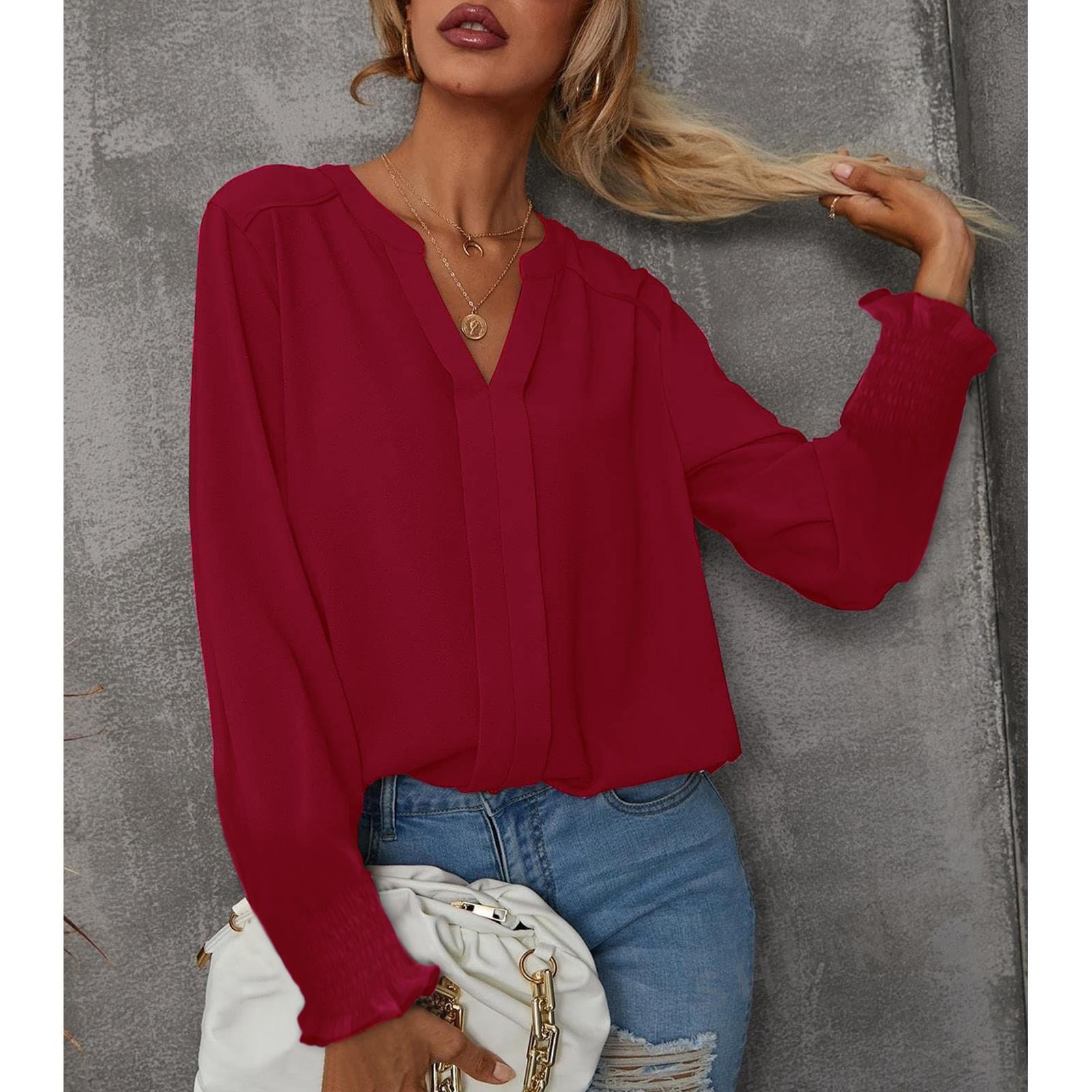 Women's V Neck Chiffon Blouse, Long Sleeve Smocked Cuff Flowy Casual Work Top, Loose Fit Dressy Shirts for Women