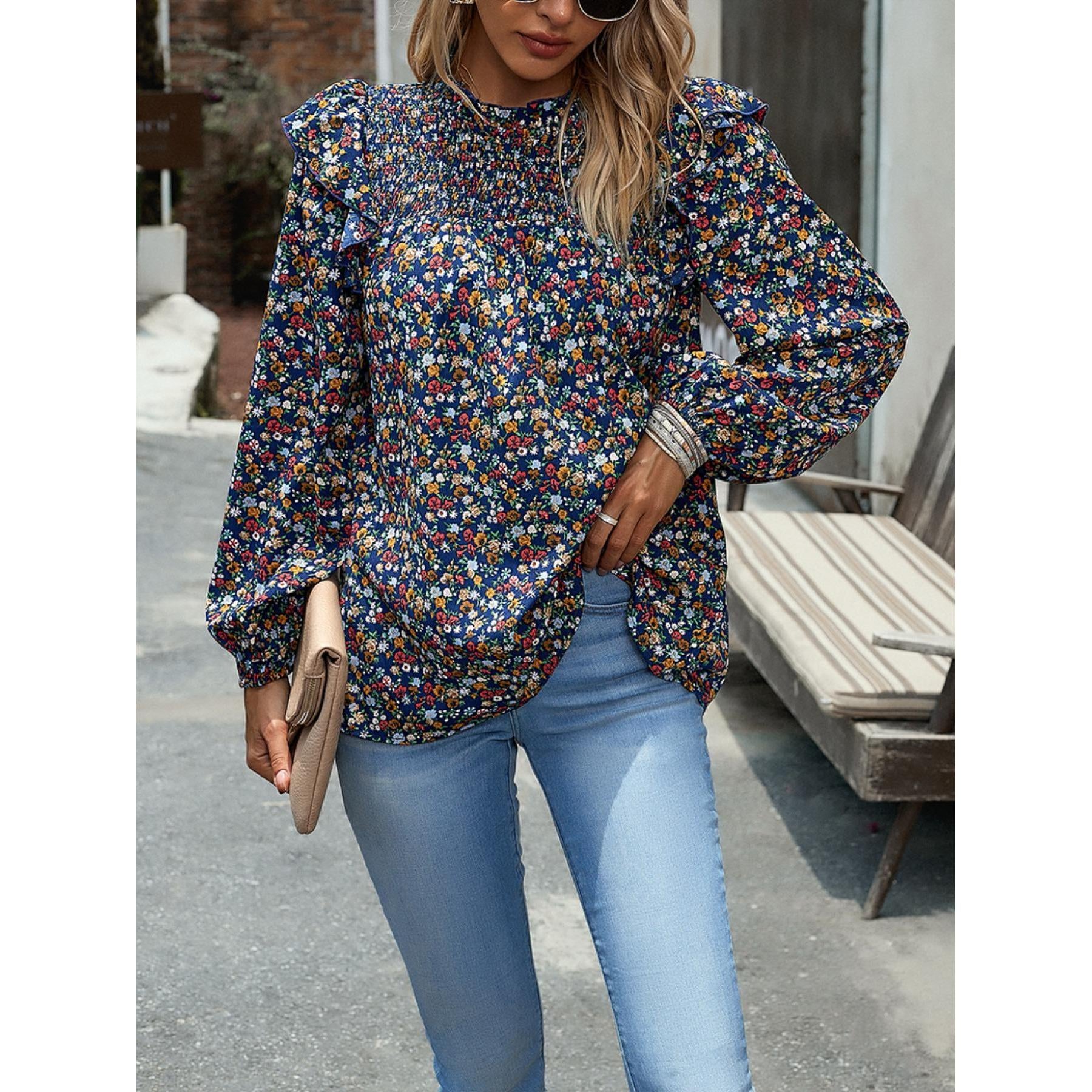 Women's Gorgeous Ditsy Floral Print Polyester Blouse - Smocked Mock Neck, Ruffle Balloon Long Sleeves, Everyday Bohemian Casual Shirt