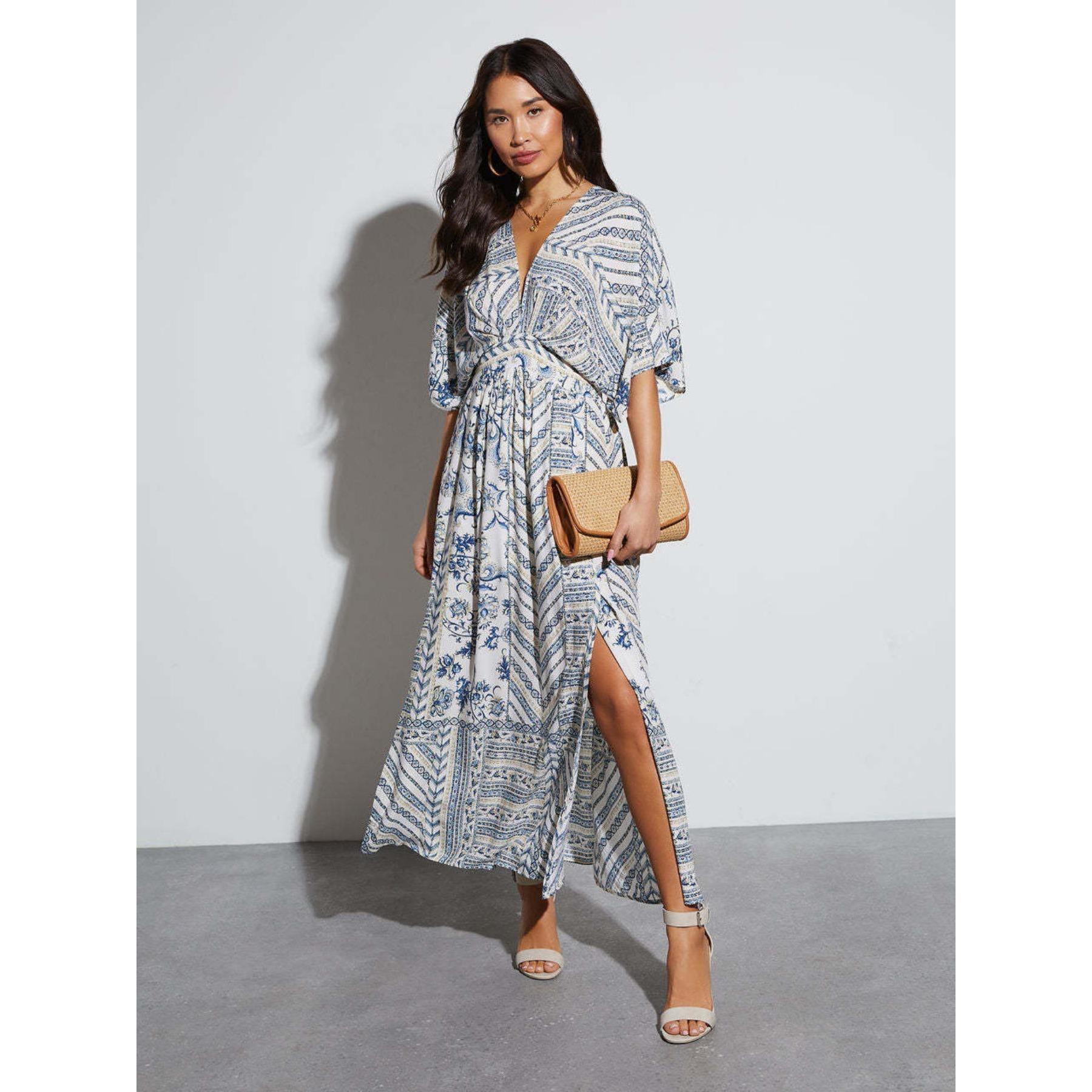 Women's Ethnic Print Bohemian Casual V-Neck Maxi Dress - Short Batwing Sleeves, Elastic Waist, Side Split, Flowy, Chic, Comfortable for Vacation, Beach