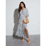 Women's Ethnic Print Bohemian Casual V-Neck Maxi Dress - Short Batwing Sleeves, Elastic Waist, Side Split, Flowy, Chic, Comfortable for Vacation, Beach