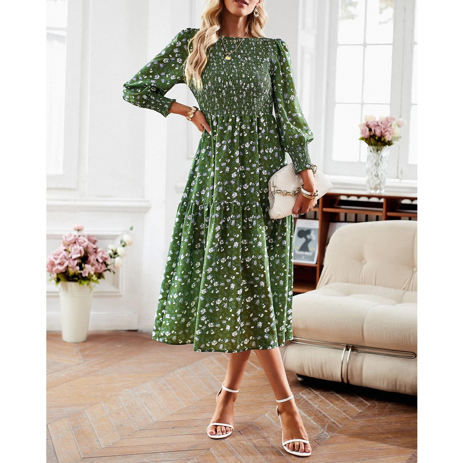 Women's Chic Traditional Colorful Flower Print Casual Boho Ruffle A-Line Mid-Length Dress - Round Neck, Shirred, Beach Wear, Womens Dresses,sohochic