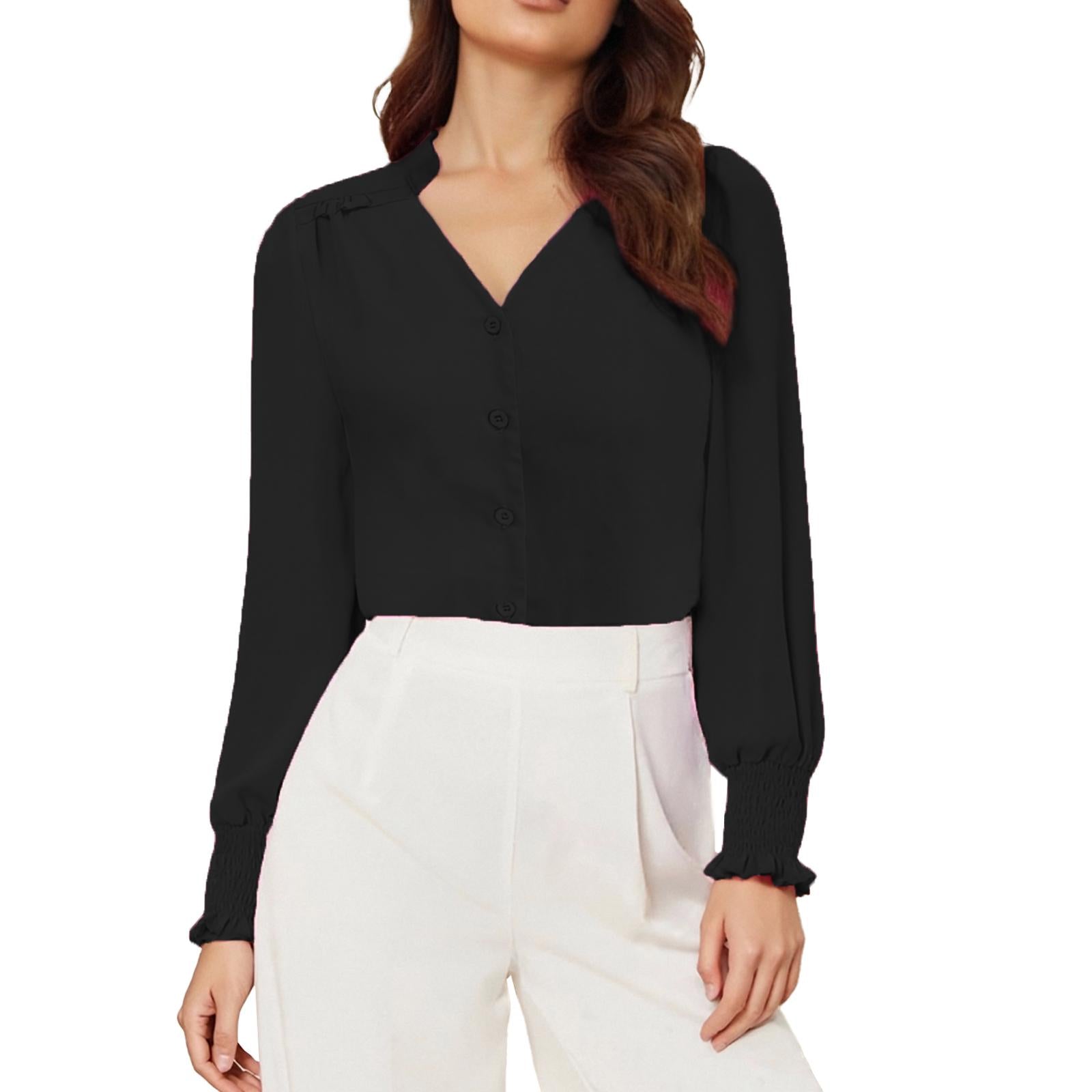Women's V-Neck Ruffle Collar Long Sleeve Blouse, Smocked Cuff Button Down Puff Sleeve Elegant Work Chiffon Top