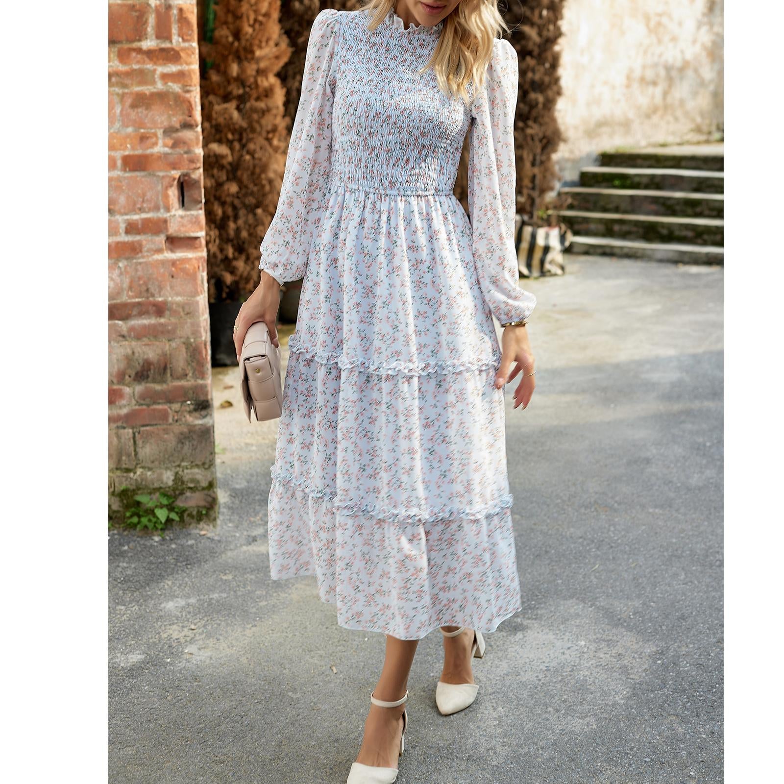 Women's Ditsy Floral Chiffon Midi Dress, Long Sleeve High Neck Smocked Tiered Ruffle Flowy Boho Dress for Spring Fall