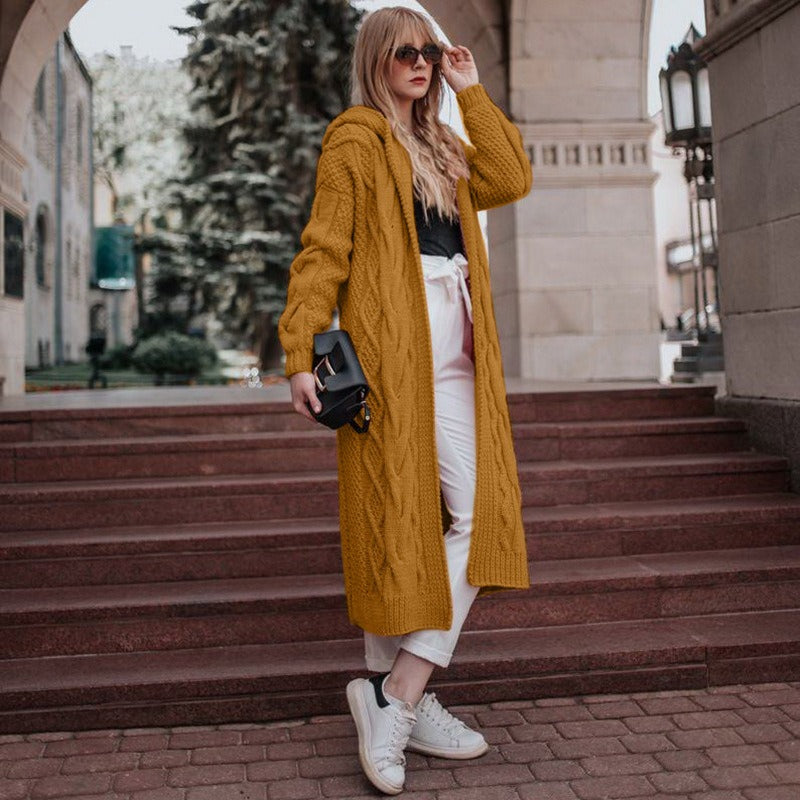 Women Solid Hooded Long Cardigan Sweater Twist Knitted Sweater