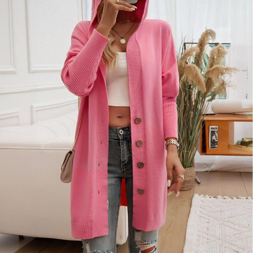 Women Oversized Hooded Long Knit Cardigan, Button Front Batwing Sleeve Casual Sweater Coat, Fall Winter Loose Outerwear