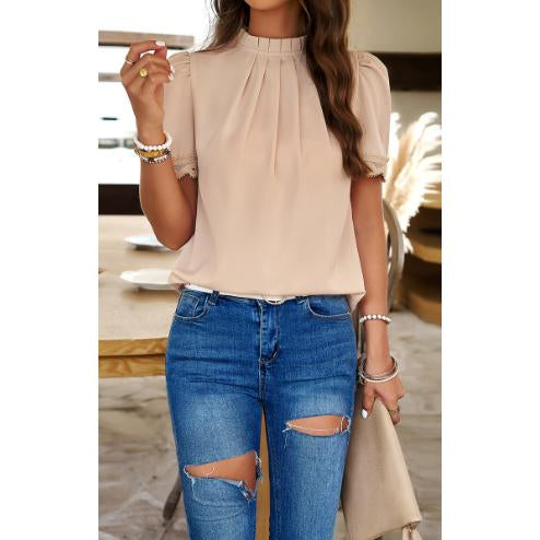 Women's Mock Neck Puff Short Sleeve Blouse, Elegant Lace Trim Pleated Front Loose Fit Summer Chiffon Tunic Top for Office Casual