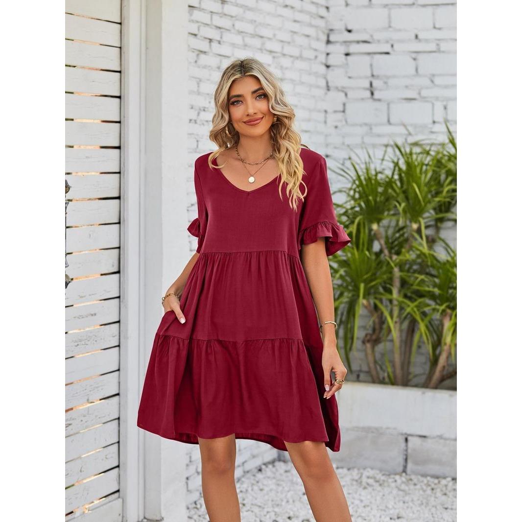 Women's Oversized Minimalist V-Neck Ruffle Short-Sleeve Tiered Midi Dress - Lightweight Soft Basic Breathable Fabric, Feminine Casual Summer Wear