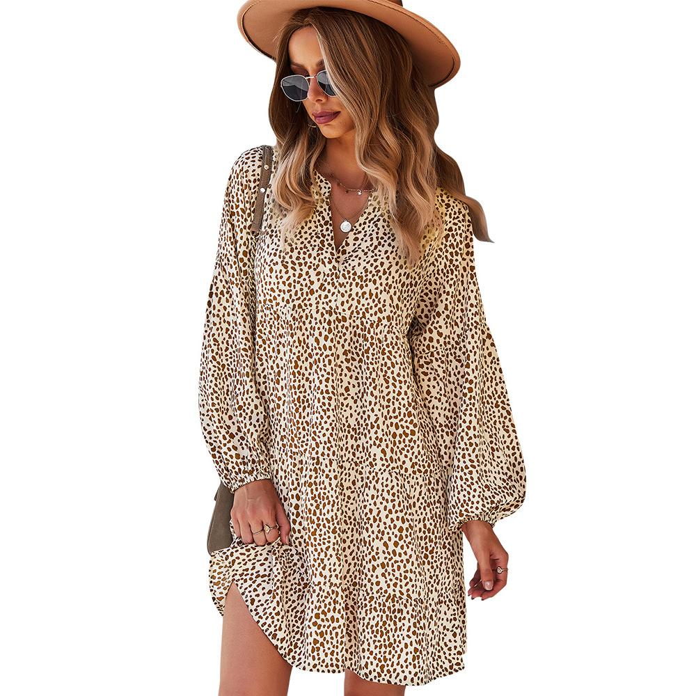 Women's Soft Lightweight Feminine Elastic Bohemian Leopard Speckled Print Long Lantern Sleeve V-Neck Tiered Ruffle Mini Dress - Comfortable Fit, Hip-Loose Flowy Tunic, Casual Wear for Day, Vacation