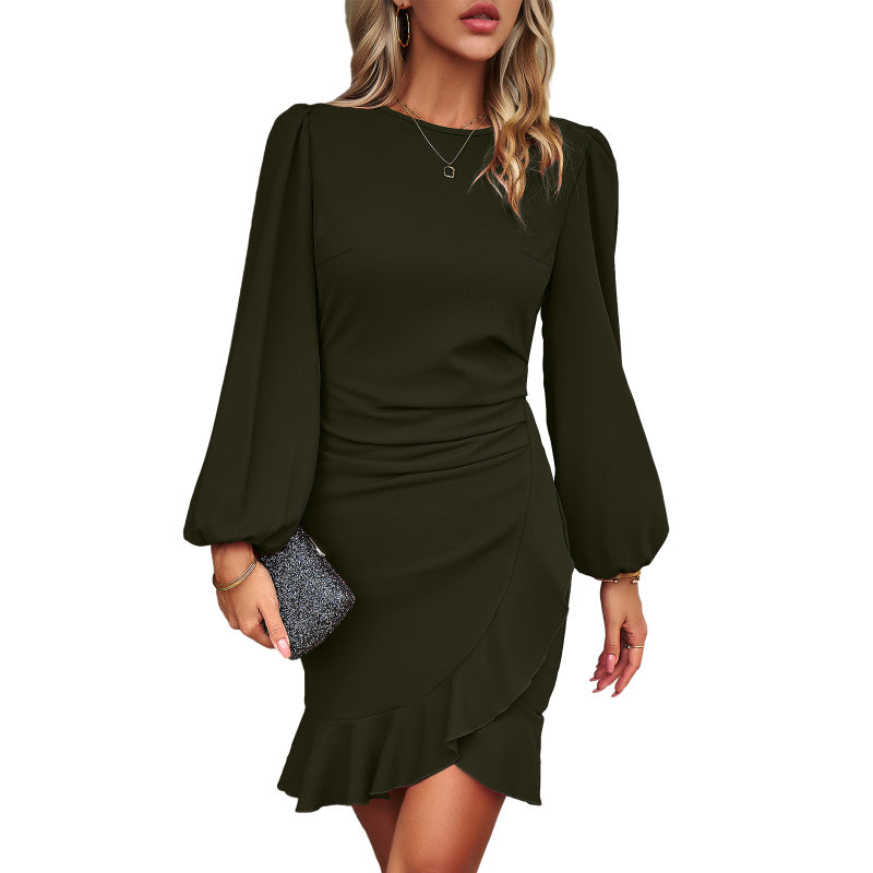 Women's Elegant Crew Neck Stretch Fabric Bodycon Mini Dress - Long Balloon Sleeves, Ruched Waist, Ruffle Irregular Hem, Front Zipper - Cocktail Dress, Wedding Guest Option