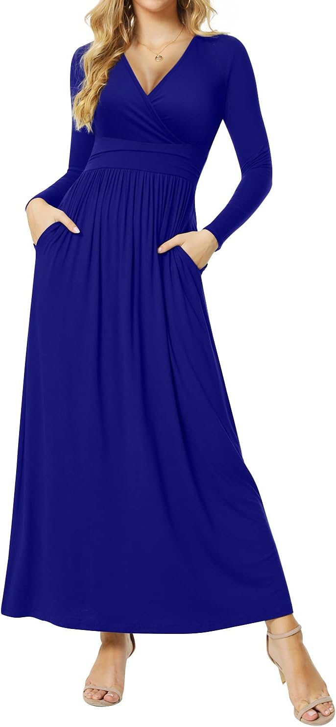 Women's Dresses Deep V-Neck Long Sleeve Empire Waist Long Dress Casual with Pockets