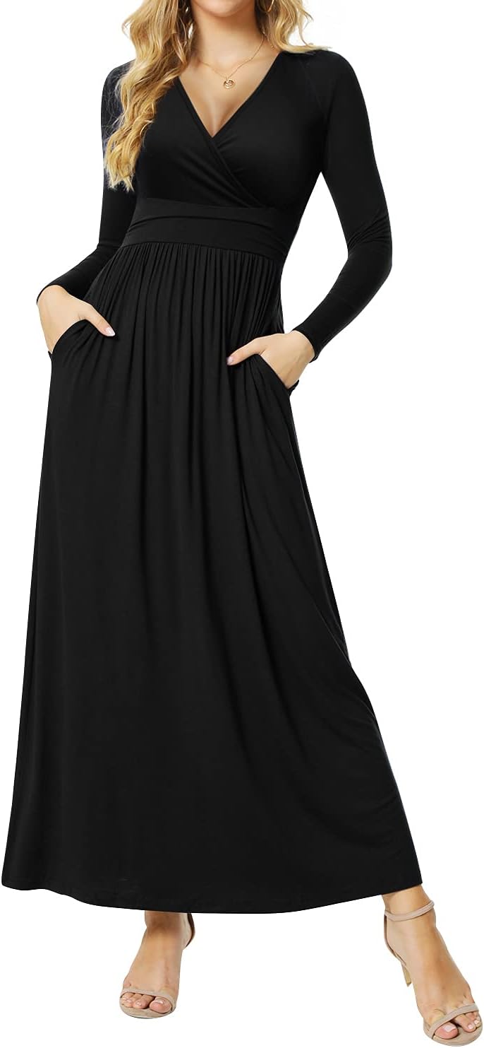 Women's Dresses Deep V-Neck Long Sleeve Empire Waist Long Dress Casual with Pockets