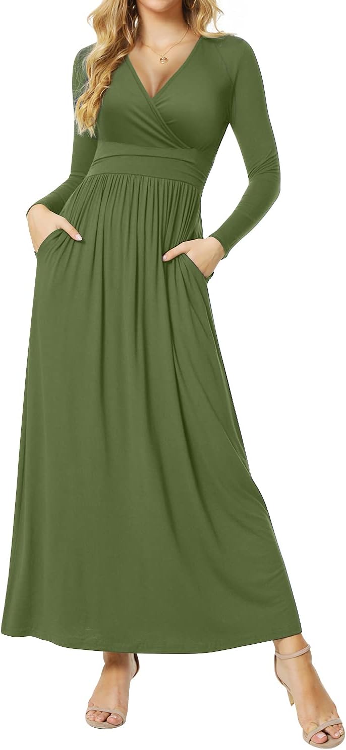 Women's Dresses Deep V-Neck Long Sleeve Empire Waist Long Dress Casual with Pockets