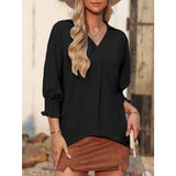 Women V Neck Collared Tunic Blouse, Oversized Loose 3/4 Lantern Smocked Sleeve Textured Casual Longline Shirt