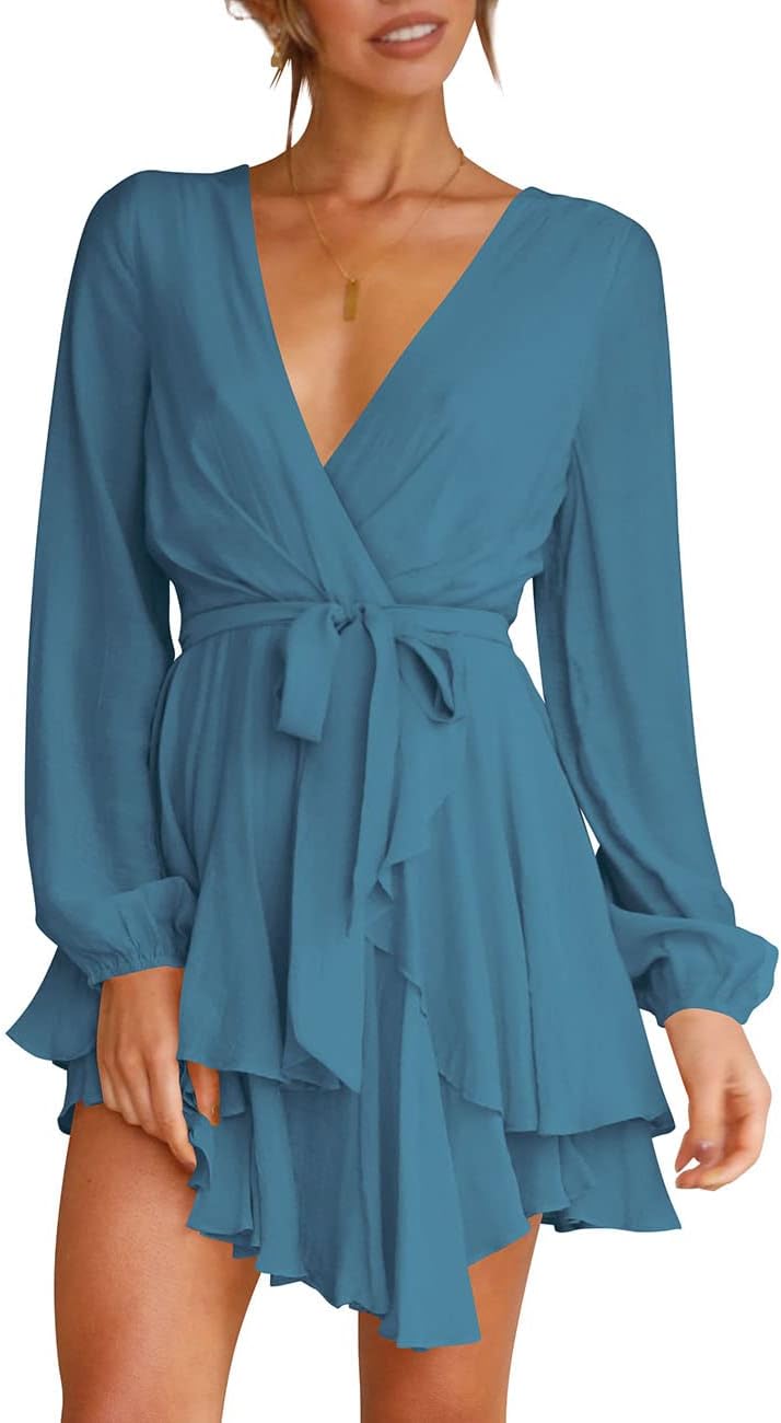 Women's Dress Deep V-Neck Long Sleeve Waist Tie Ruffle Mini Swing Skater Dresses