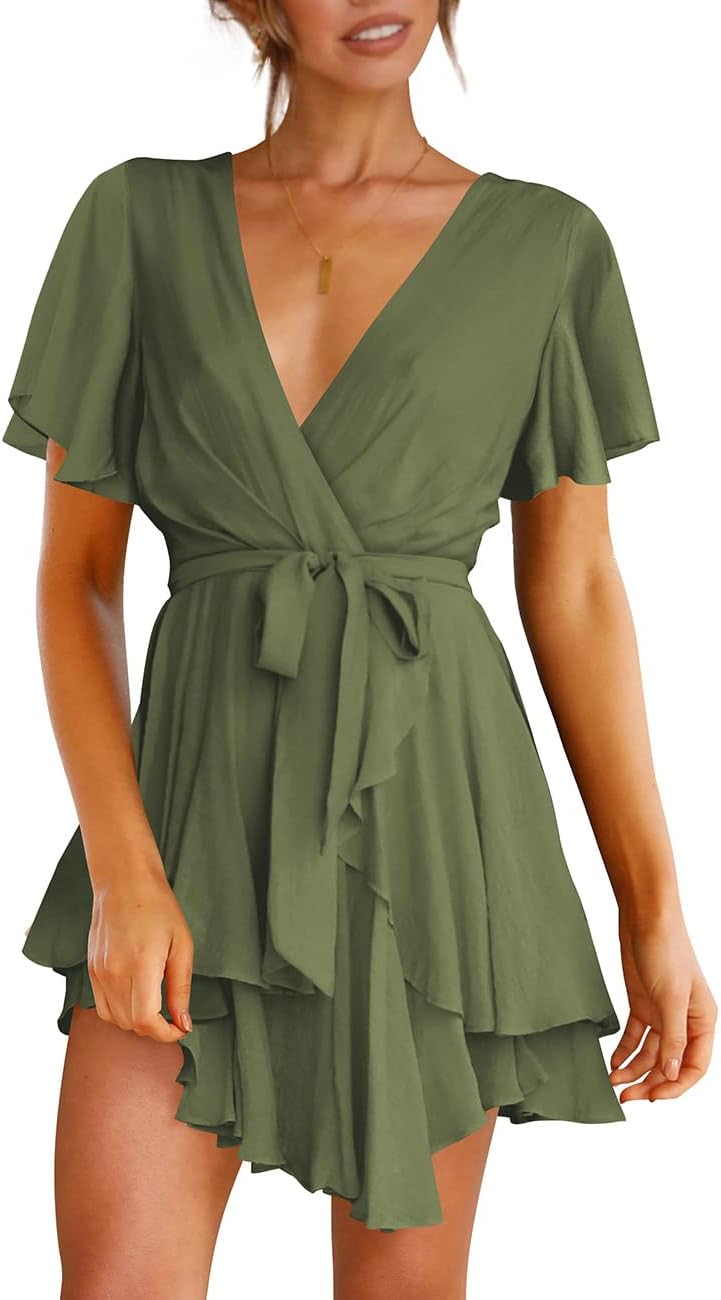 Women's Dress Deep V-Neck Long Sleeve Waist Tie Ruffle Mini Swing Skater Dresses