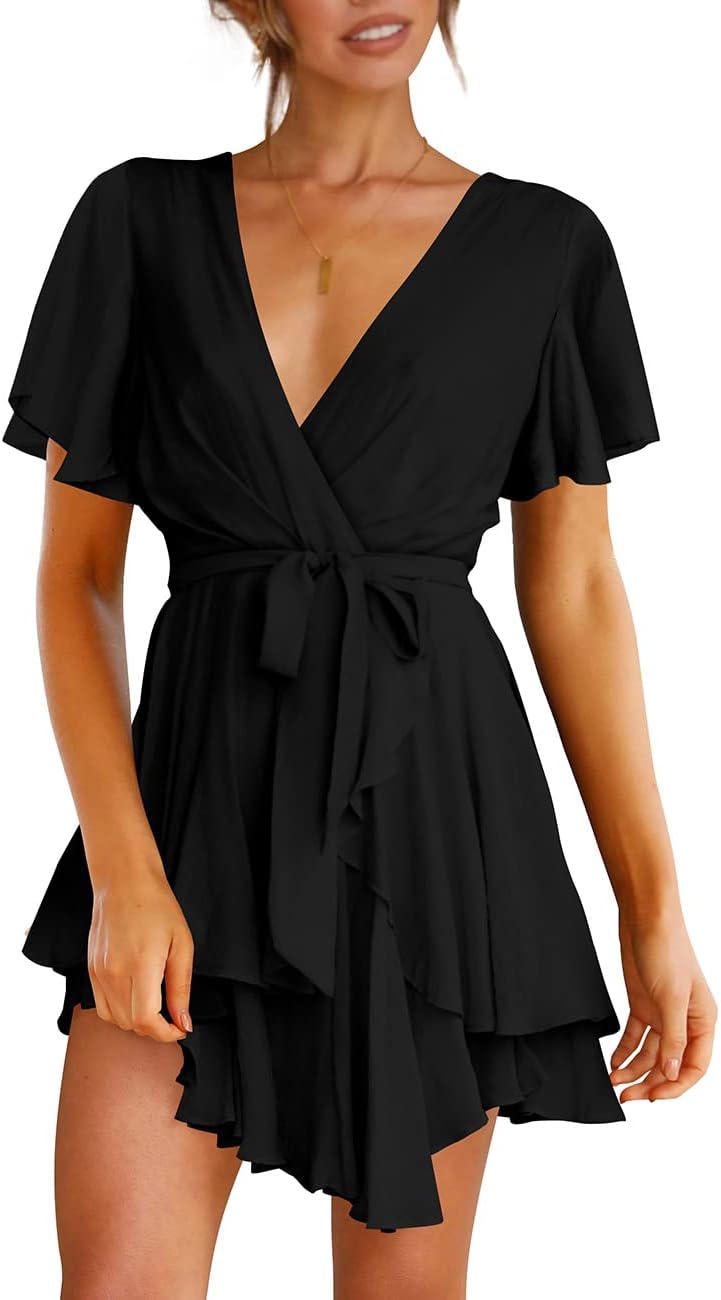 Women's Dress Deep V-Neck Long Sleeve Waist Tie Ruffle Mini Swing Skater Dresses