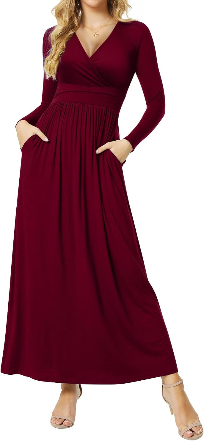 Women's Dresses Deep V-Neck Long Sleeve Empire Waist Long Dress Casual with Pockets