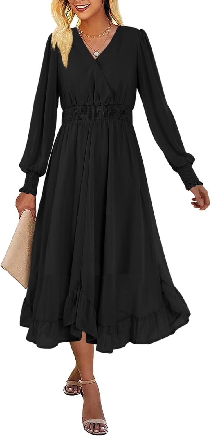 Women's Casual Wrap V Neck Long Sleeve Smocked High Waist A Line Flowy Midi Dress
