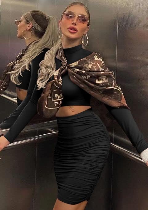 Women's Sexy Bodycon 2 Piece Outfits Dress Long Sleeve Crop Top Ruched Skirt